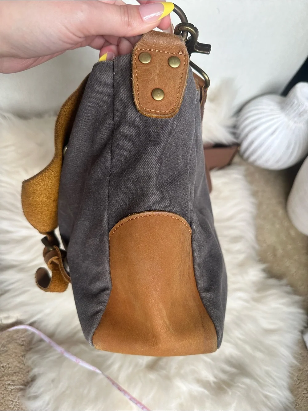 Vintage-Inspired Brown & Tan Canvas Messenger Bag with Leather Flap